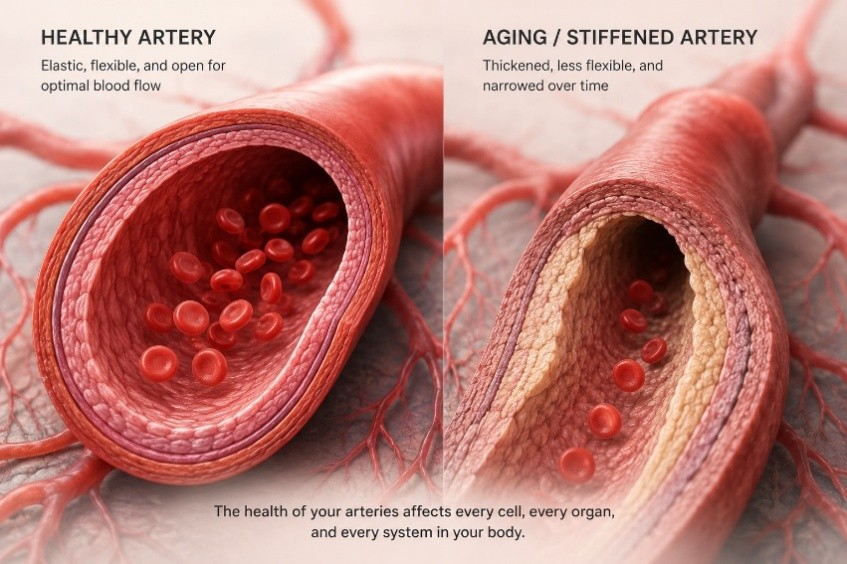 Comparison of a healthy artery and an aging or stiffened artery showing differences in elasticity and blood flow