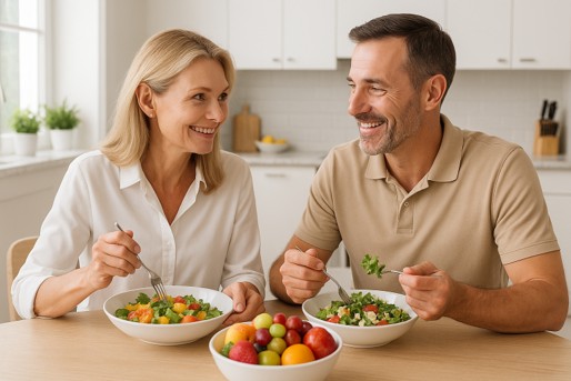 A couple eating a healthy meal with salad and fruit
