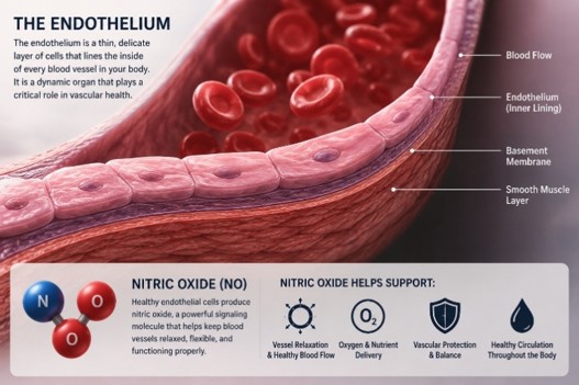 Diagram showing the structure of a blood vessel and the role of nitric oxide