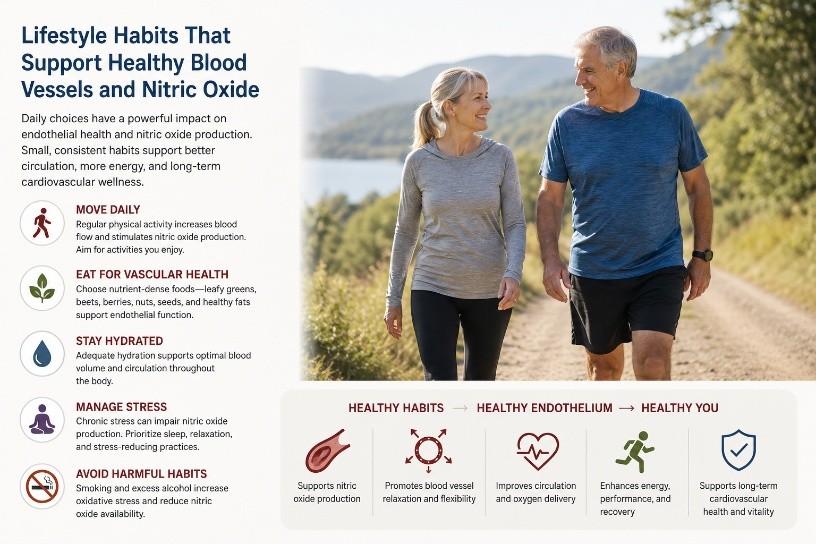 Lifestyle habits that support healthy blood vessels and nitric oxide — a couple walking outdoors